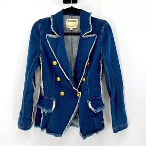 L'AGENCE Kaydence Double Breasted Fray Denim Jacket gold buttons, Size XS, NWOT